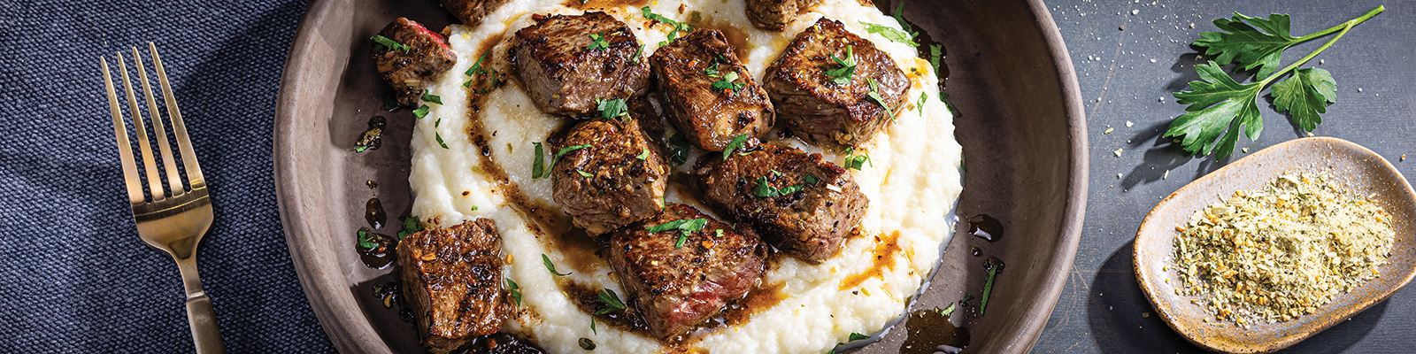 Garlicky Steak Bites with Cauliflower Mash
